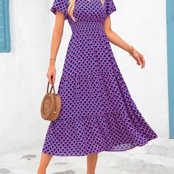 MASCOMODA Summer Maxi Dresses for Women 2025 Casual V Neck Puff Short Sleeve Smo - Picture 4 of 10